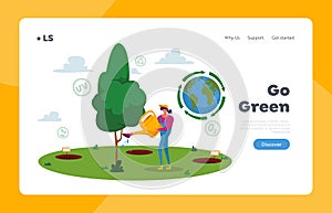 Forest Restoration, Reforestation and Planting New Trees Landing Page Template. Woman Volunteer Character Care of Plant