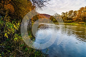 Forest river in autumn mountains at sunrise