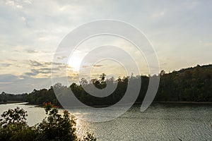 Forest river and evening sky background landscape in evening