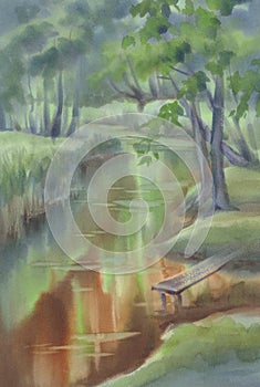 Forest and river landscape with sunlight watercolor background