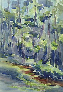 Forest and river landscape with sunlight watercolor background