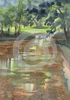 Forest and river landscape with sunlight watercolor background