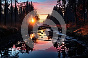 Forest river reflecting sunrise glow, sunrise and sunset wallpaper