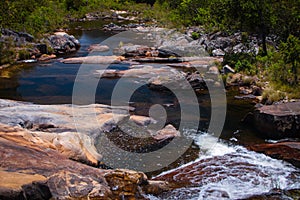 Forest river streamflow. Picturesque summer view of Brazilian Savannah. New destination for travel.