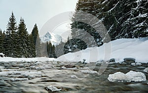 Forest river in winter, stones covered with ice, trees on both sides, mount Krivan Slovak symbol in distance. Long exposure