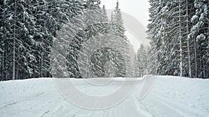 Forest road completely covered with snow in winter, trees on both sides. Slippery ground - dangerous driving conditions