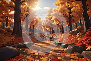 a forest with a road that has fallen leaves Enchanting 3D Rendering Autumn Leaves Amidst