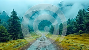 A forest with a road running through it and a mountains in the foggy background. Natural mountains and forest landscape