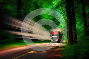 forest road with truck speeding through the forest, creating blur of green and red