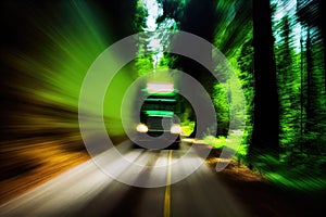 forest road with truck speeding through the forest, creating blur of green and red