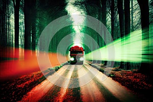 forest road with truck speeding through the forest, creating blur of green and red