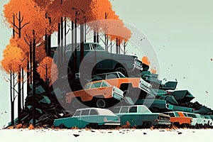 forest of rusting cars, cluttering up the landscape AI generation