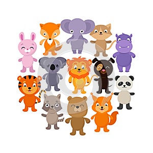 Forest, savanna and jungle baby animals. Cartoon vector character set