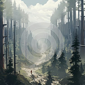 Detailed Atmospheric Portrait Of A Forest With Mountains And Path In Anime-influenced Style photo