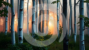 Birch Trees in Forest with Orange Light