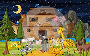 Forest scene with Noah`s ark with animals