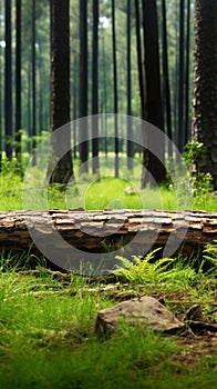 Forest scene Piece of log on green grass among pine trees