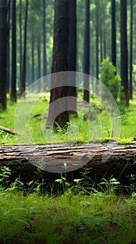 Forest scene Piece of log on green grass among pine trees