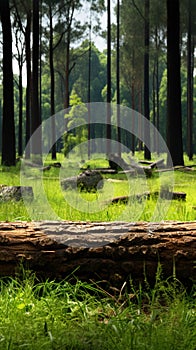 Forest scene Piece of log on green grass among pine trees