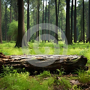 Forest scene Piece of log on green grass among pine trees