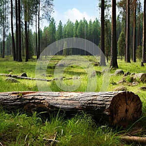 Forest scene Piece of log on green grass among pine trees