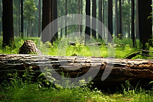 Forest scene Piece of log on green grass among pine trees