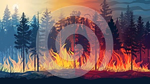Forest scene transition illustration from calm to engulfed in flames. The escalating threat of forest fires photo