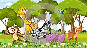 Forest scene with wild animals group