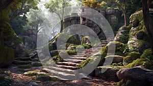 forest scenery with stone stairs rocks and castle. AI Generative