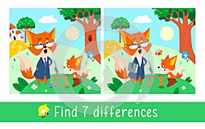 Forest school for foxes. Find 7 differences. Game for children. Activity, vector. photo