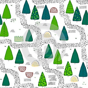 Forest seamless pattern background. Scandinavian style. photo