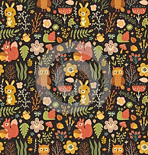 Forest seamless pattern with cute animals