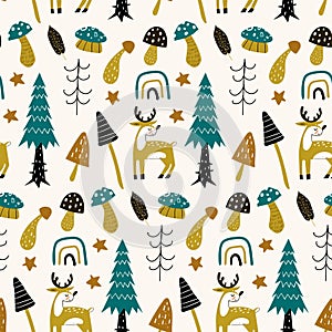 Forest seamless pattern with cute animals deer. Vector illustration. Hand draw texture.