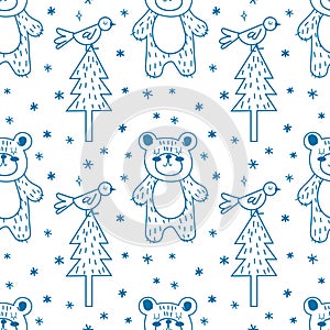 Forest seamless pattern with cute line animals bear and bird. Vector illustration Scandinavian style flat design