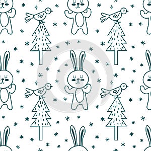 Forest seamless pattern with cute line animals rabbit and bird. Vector illustration Scandinavian style flat design