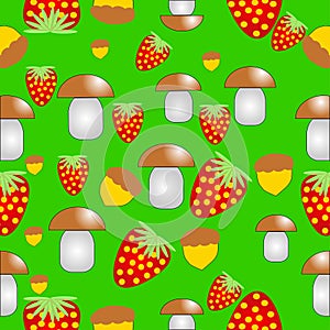 Forest seamless pattern of mushroom, strawberry and acorn