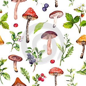 Forest seamless pattern - mushrooms, wild berries, grass, woodland flowers. Botanical plants and fungus. Natural motif