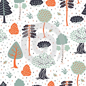 Forest Seamless Pattern. Vector Background in Scandinavian style