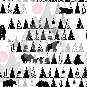 Forest seamless pattern. Wildlife pattern. Grizzly Bear. Abstract forest pattern.