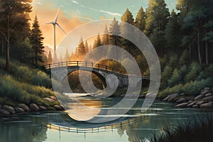 Forest Serenity: Wind Turbine & Bridge at Golden Sunset, generative ai
