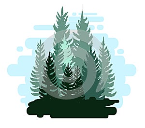 Forest silhouette scene. Landscape with coniferous trees. Beautiful blue view. Pine and spruce trees. Summer nature