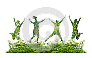 Forest silhouettes of people jumping with joy forest and environment conservation concept