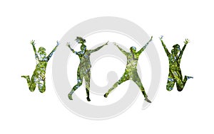 Forest silhouettes of people jumping with joy forest and environment conservation concept