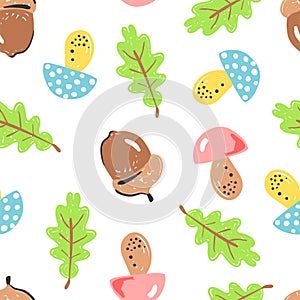 Forest simple sketh drawn by hand pattern with mushroom, acorn, oak, oak leaf, leaf seamless pattern. For wallpapers