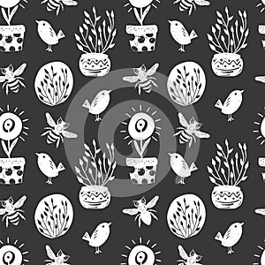 Forest simple sketh drawn hand seamless pattern with birds, beer, home flowers. For wallpapers, web background, textile