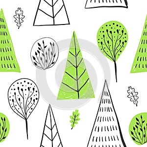 Forest simple sketh drawn hand seamless pattern with tree, foliage, coniferous, spruce, fir. For wallpapers, web photo