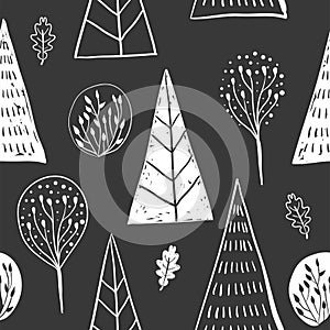 Forest simple sketh drawn hand seamless pattern with tree, foliage, coniferous, spruce, fir. For wallpapers, web photo