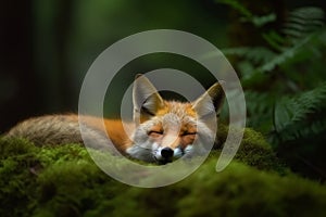 Forest sleeping fox. Generate Ai