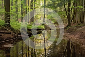 forest with slow moving stream and peaceful reflections