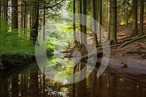 forest with slow moving stream and peaceful reflections